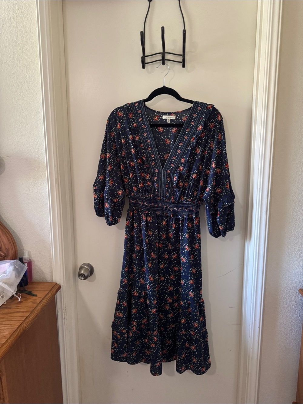 Max Studio Navy Floral Midi Dress with Red and Cream Accents